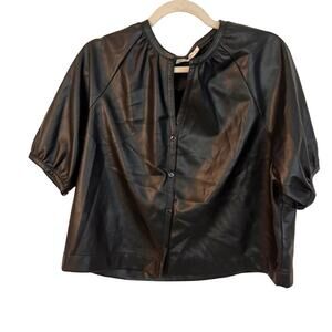 Avec Les Filles Black Faux Leather Short Sleeve Top Size Large